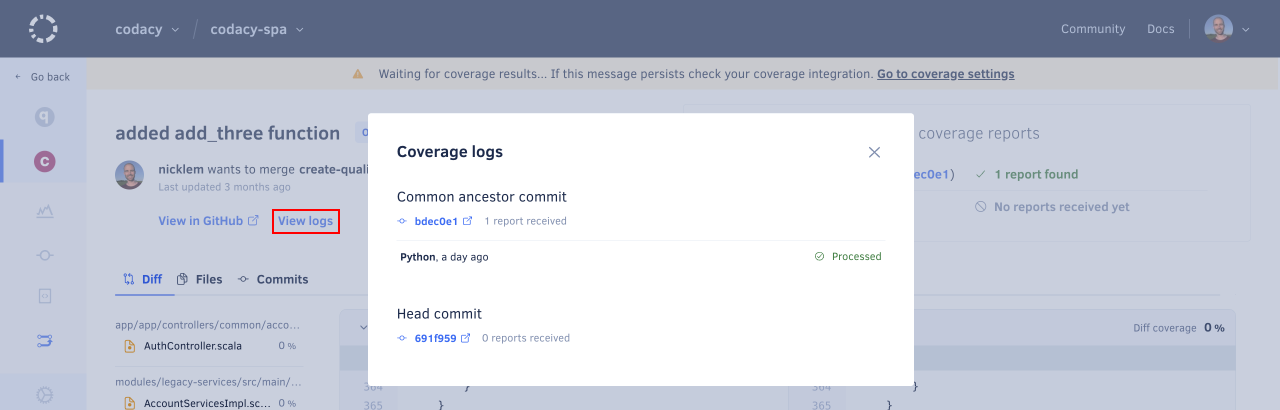 Logs showing the pull request commits that are missing coverage data