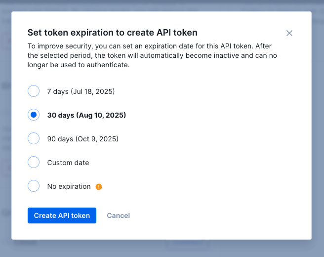 Creating an account API token modal
