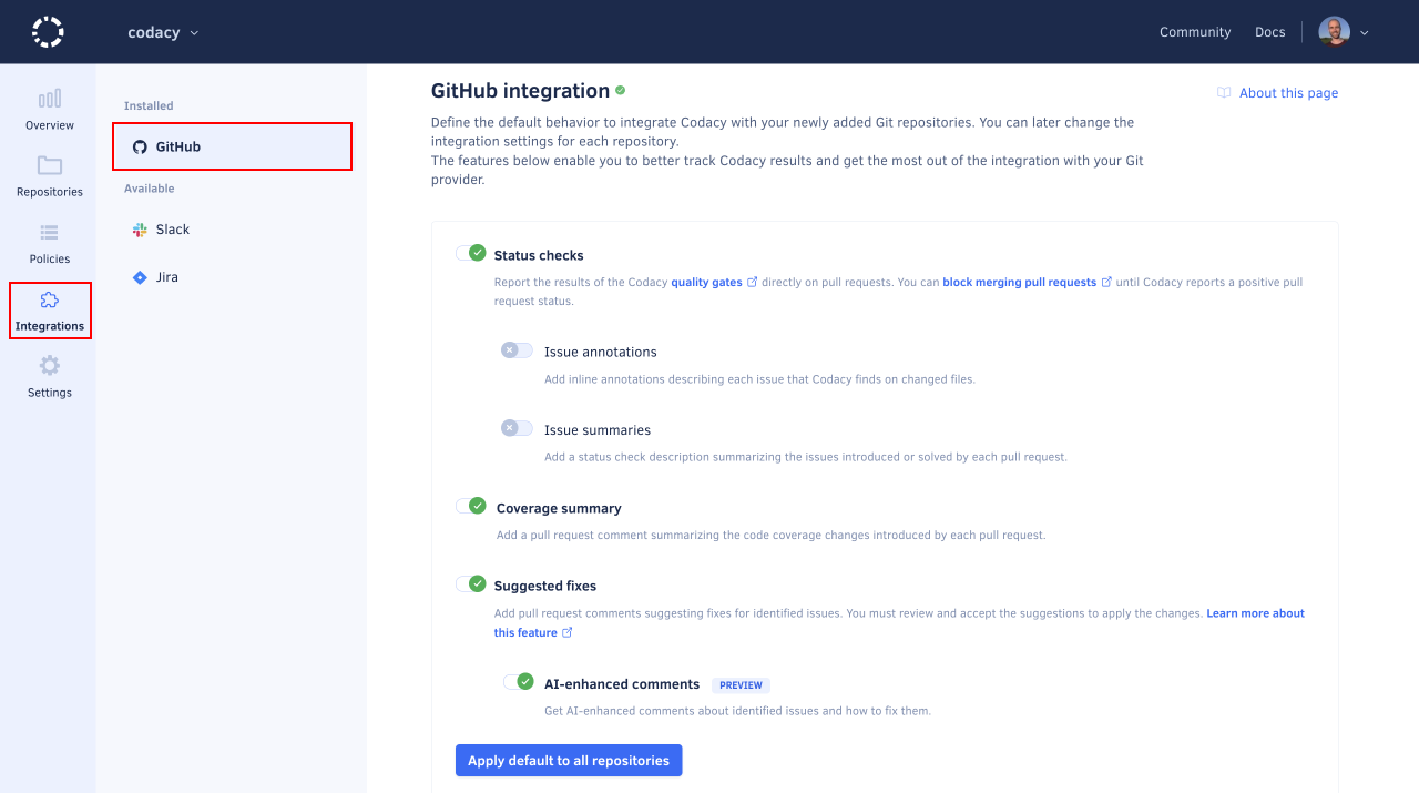 Default Git provider integration settings
