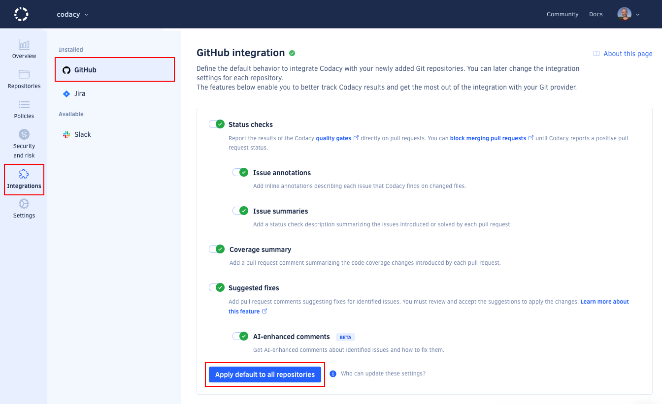Apply default settings to all repositories