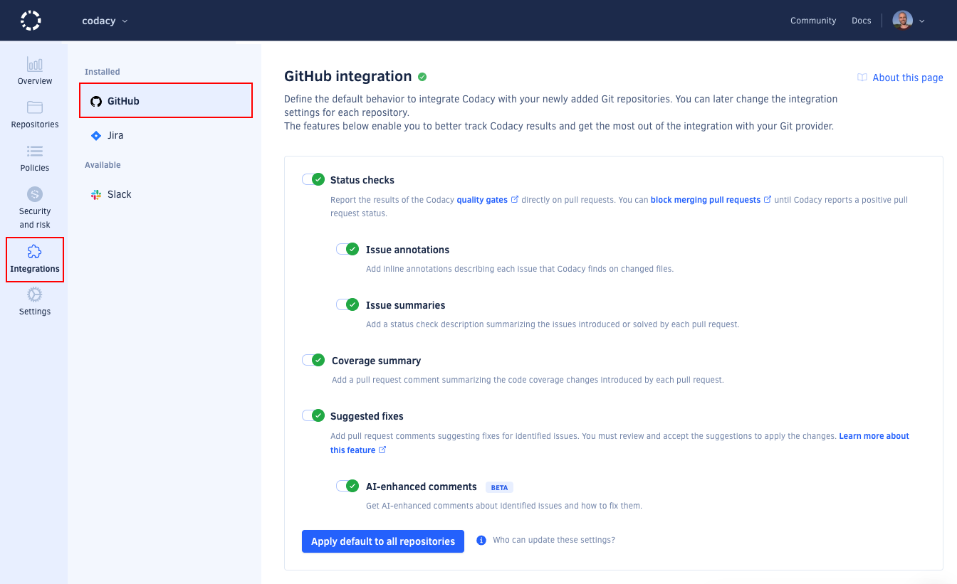 Default Git provider integration settings