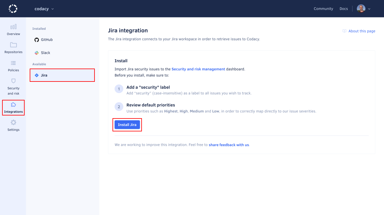 Security and risk management Jira integration installation