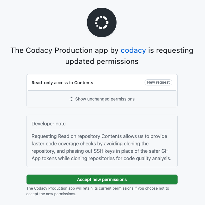 Codacy GitHub App updated permissions request