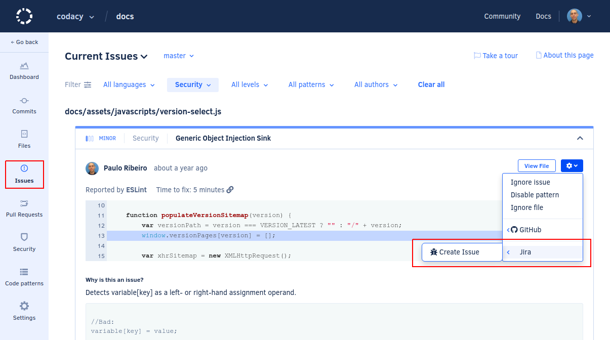 Jira integration for issues
