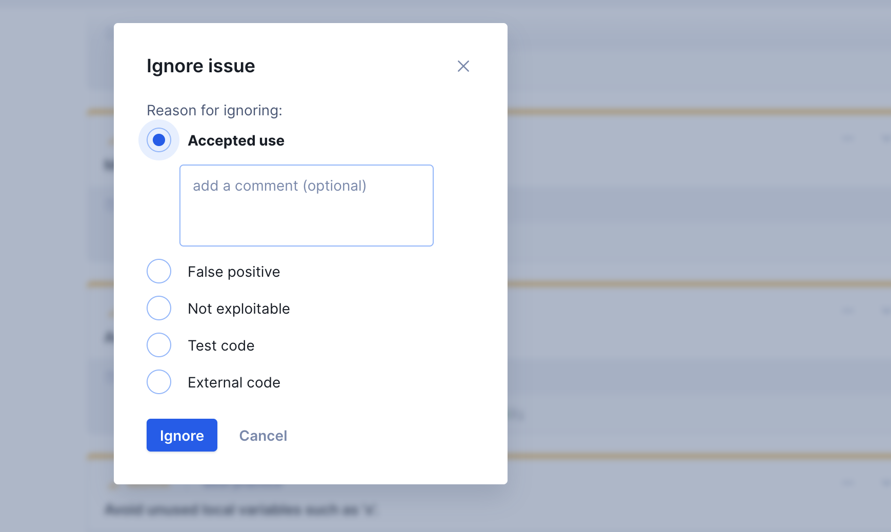 Issue reason options