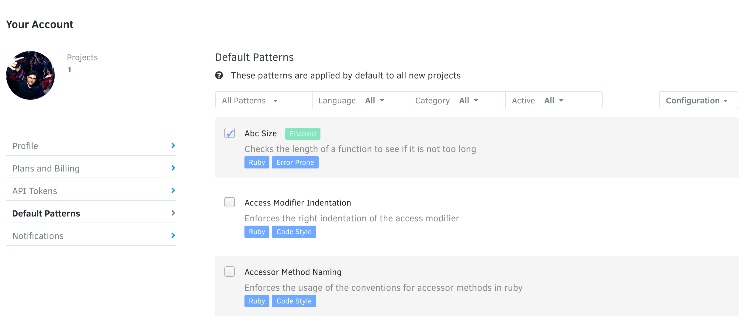 Enabling a pattern and placing him as default