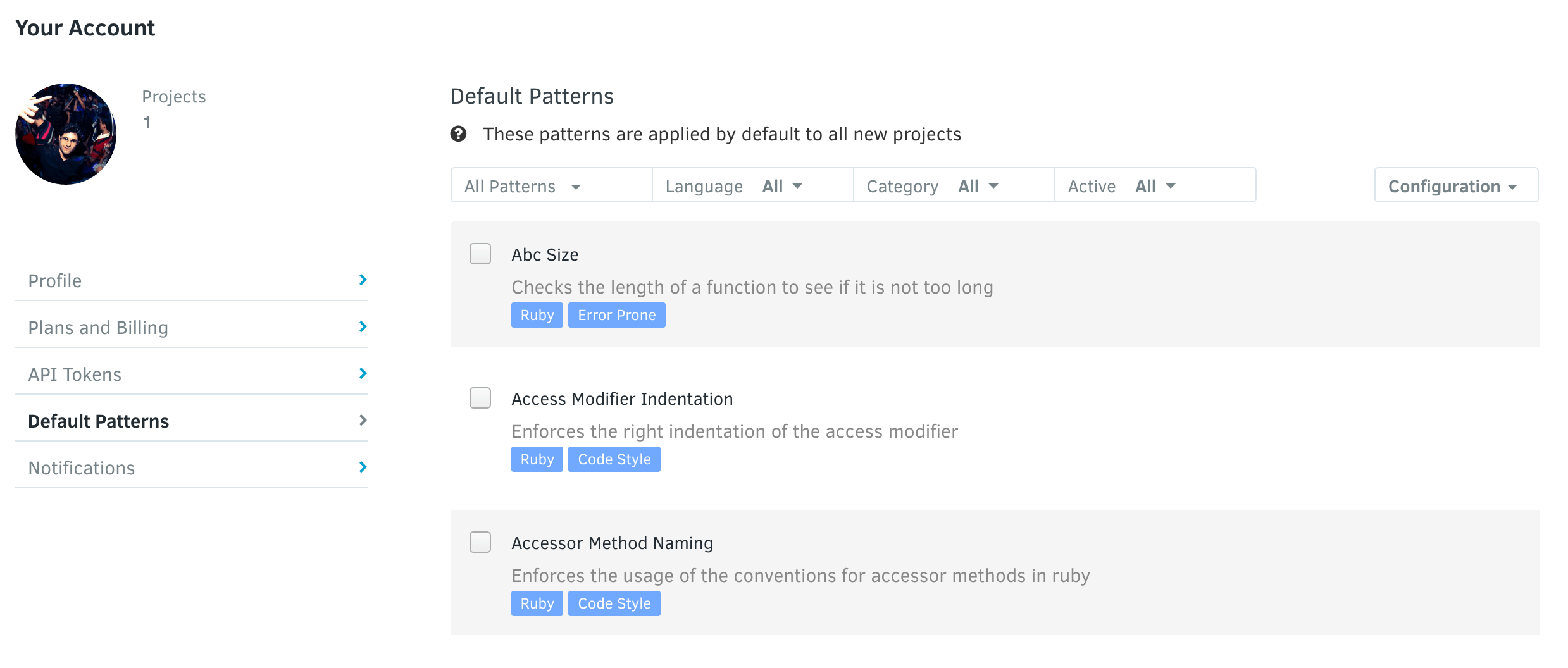 List of default patterns on the account, showing some selected and some unselected