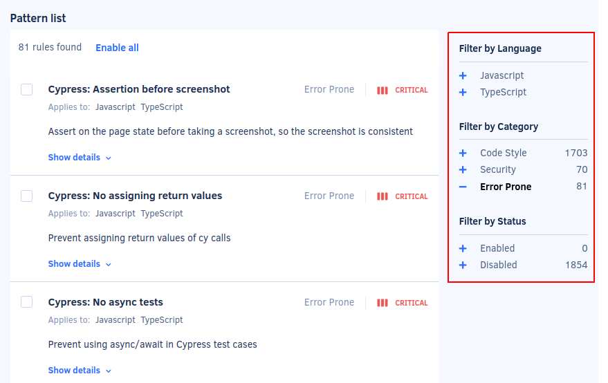 Filtering code patterns