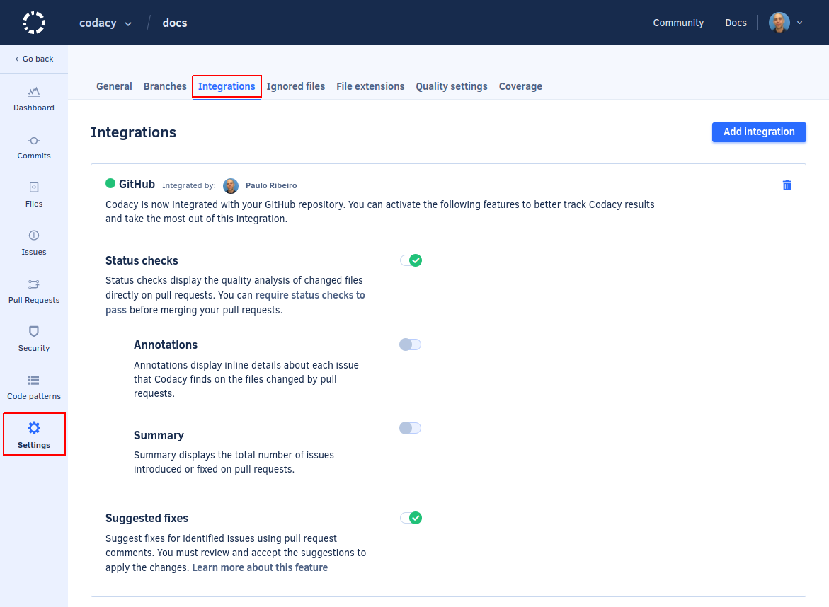 GitHub Integration - Codacy Quality Docs