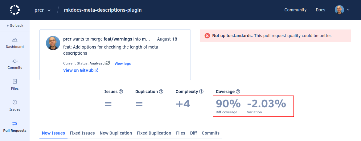 Coverage metrics displayed on Codacy