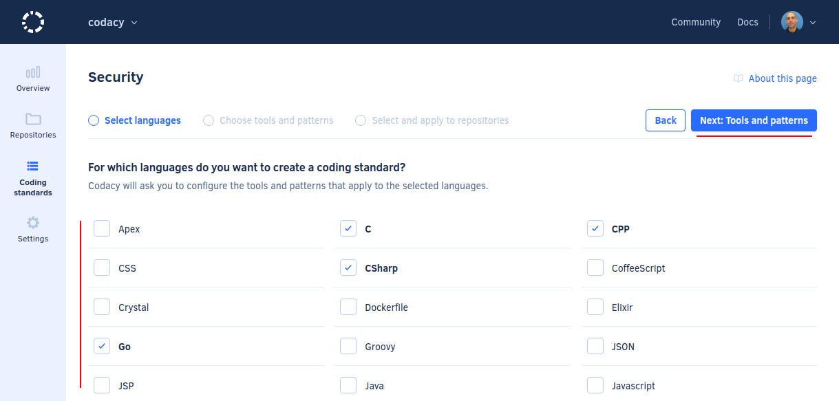 Selecting the languages for the coding standard