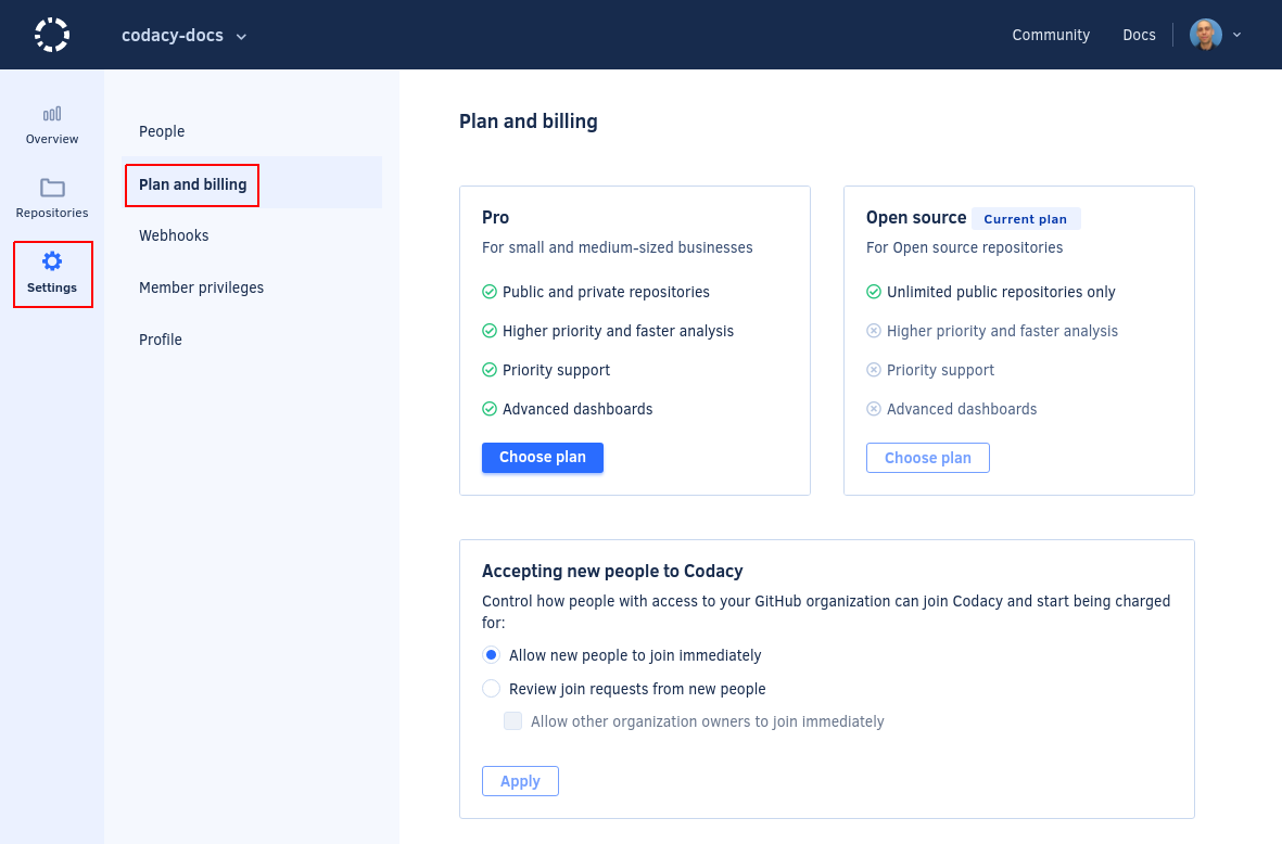 Plan and billing for a Codacy organization