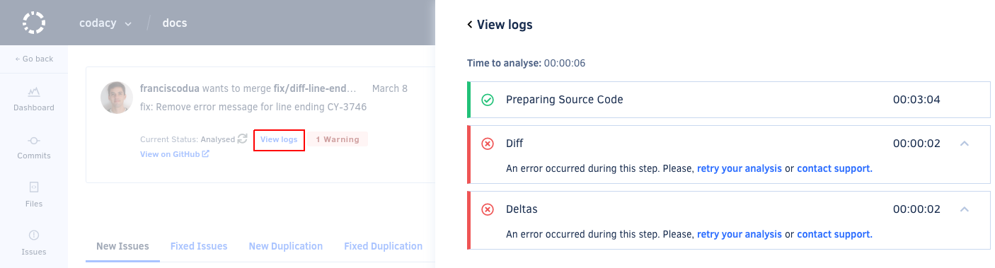 Viewing the analysis logs