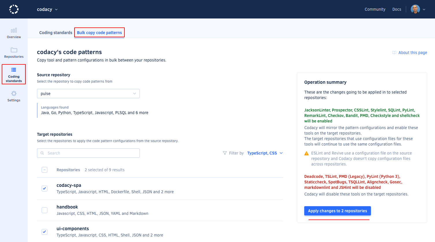 Copying code patterns between repositories