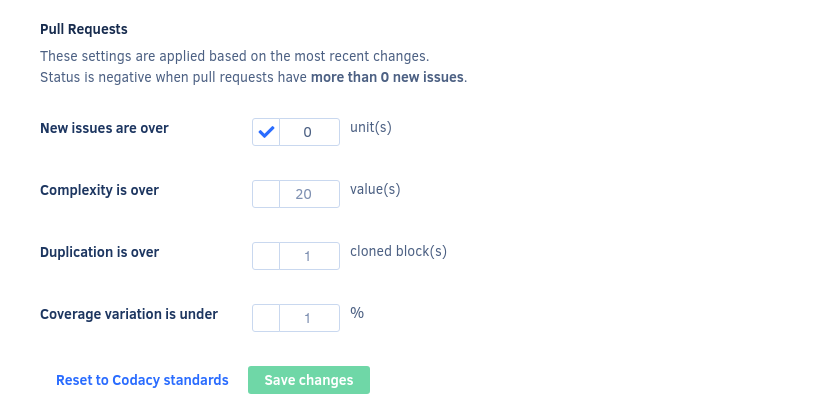Quality settings for pull requests