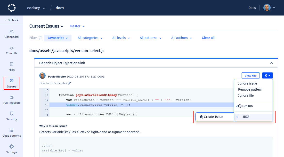 Jira integration for issues