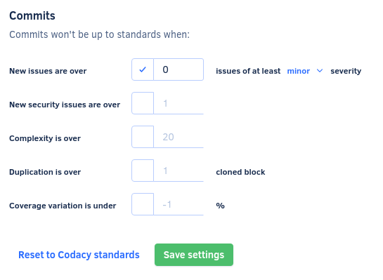 Quality settings for commits