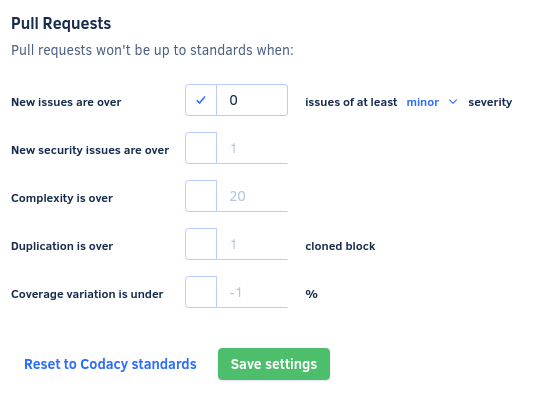 Quality settings for pull requests
