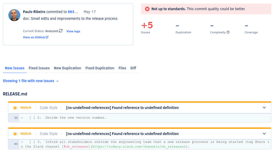 New issues in the commit detail